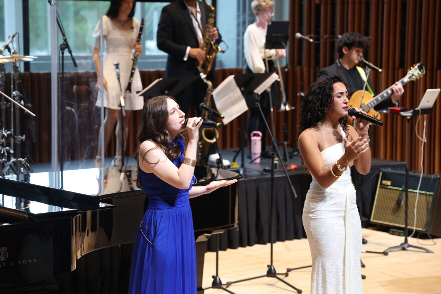 Lea Garza (left) and Melissa Cruz perform onstage during the 2026 Noel Schajris Scholarship Ceremony presented by the Latin GRAMMY Cultural Foundation® on August 05, 2026 in Coral Gables, Florida.