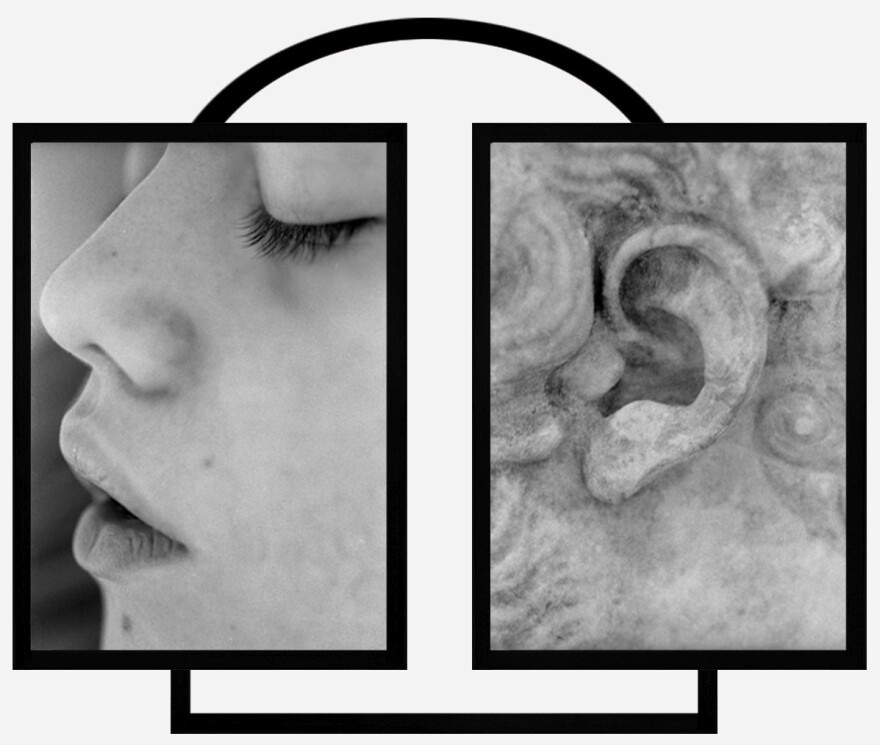 Two black and white prints are next to each other with a little space in between them. The left is of a young face in profile with eyes closed and mouth open. The right is an ear with swirl patterns superimposed over it to suggest age.