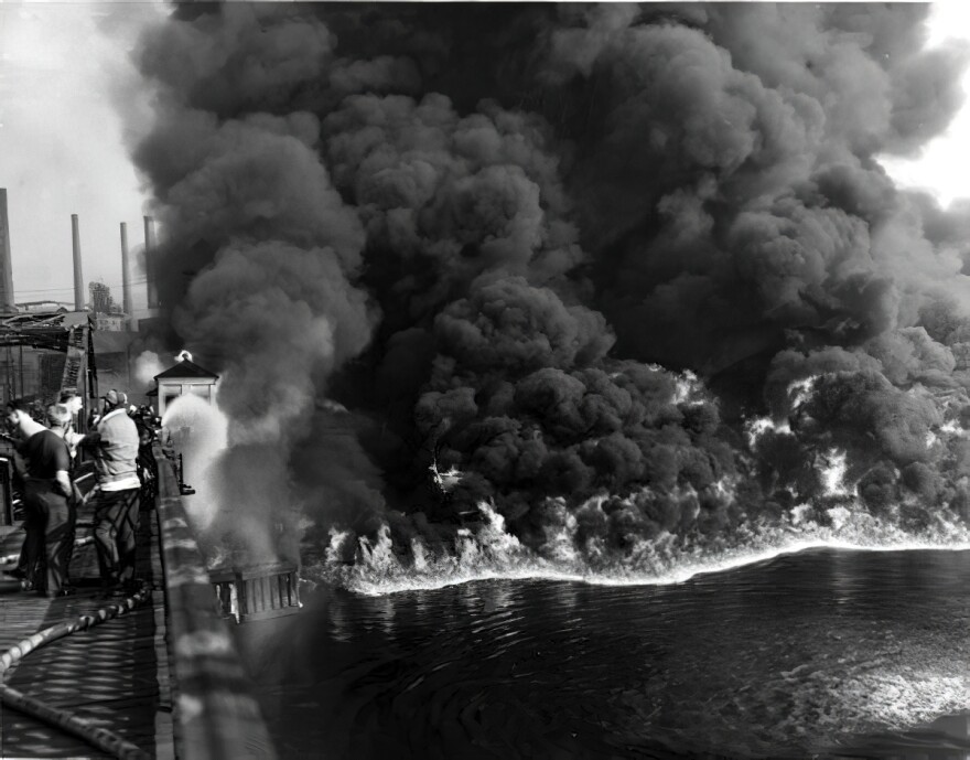 One of the many times the Cuyahoga River in Cleveland caught on fire. This was in 1952.