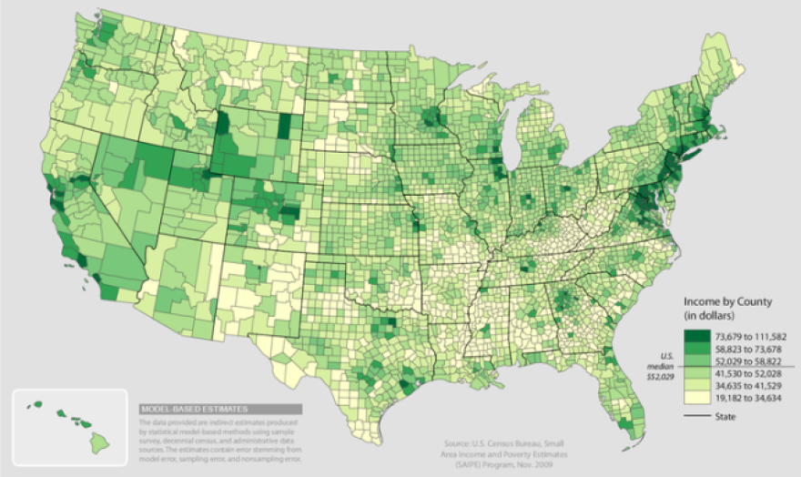 Median household income by county in the United States in 2008.