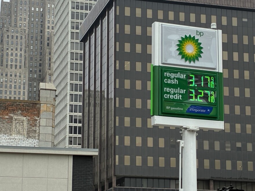 Gas prices at a Detroit BP station on Wednesday, March 4, 2026.