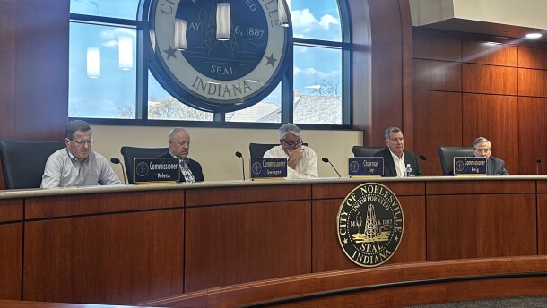 Members of the Indiana Utility Regulatory Commission listen to customers' concerns about utility rates during public meeting at Noblesville City Hall, Thursday, April 9, 2026.