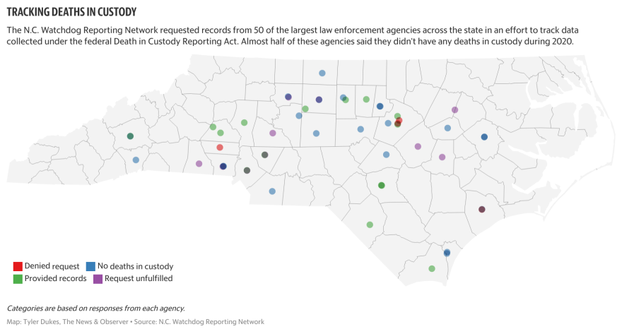  The N.C. Watchdog Reporting Network requested records from 50 largest law enforcement agencies across the state. Almost half of these agencies didn't have deaths in custody during 2020.