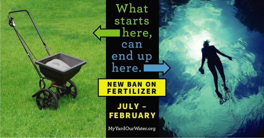 A graphic featuring two photos side-by-side. The photo on the left shows a wheelbarrow full of fertilizer on a grassy lawn. The photo on the right shows a snorkeler underwater. A black column in the middle has a green arrow pointing at the photo on the left with the words "What starts here," in green. Below are the words, "can end up here." in blue, along with a blue arrow pointing at the photo on the right. A yellow box underneath shows the words, "New Ban on Fertilizer." Below are the words "July - February" in yellow.