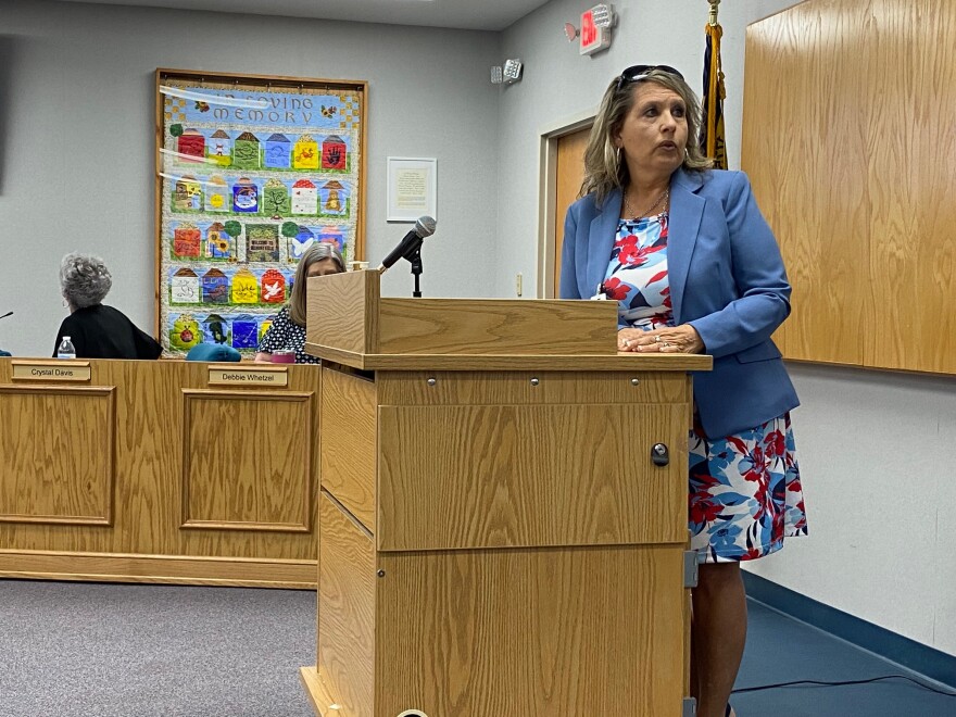 Catawba County school board member Michelle Teague presents her case for removing "Monday's Not Coming" from high school libraries before joining her colleagues for a vote on her appeal.