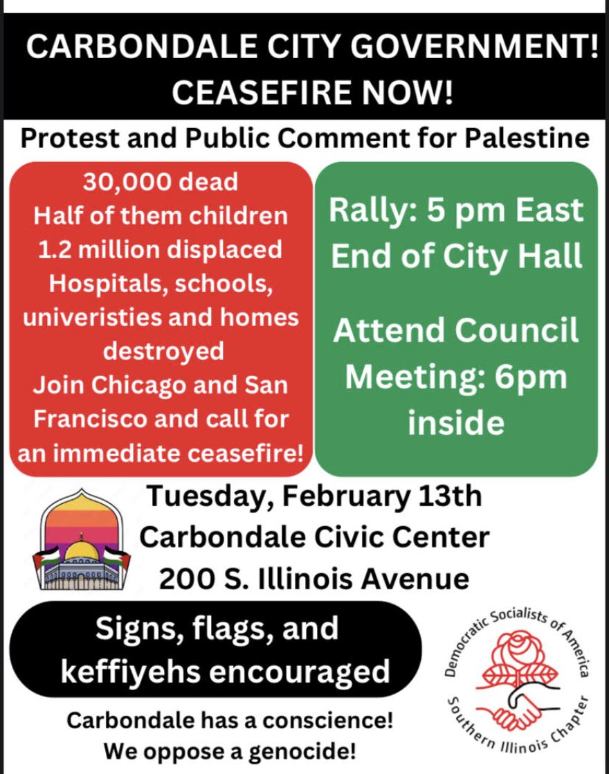 A flyer promotes the protest to push the Carbondale City Council to support a ceasefire in Gaza