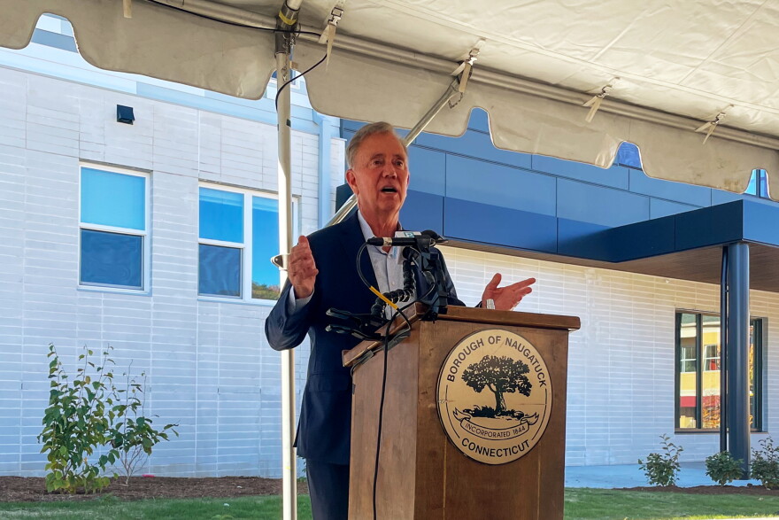 Gov. Ned Lamont speaking about the benefits of Transit Oriented Developments at the grand opening of a largely affordable apartment complex in Naugatuck October 26, 2026.