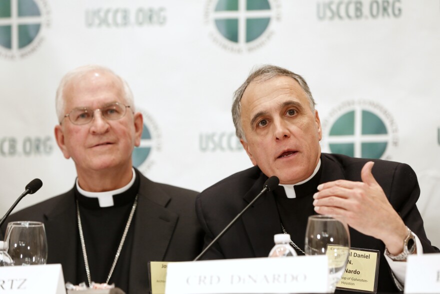 USCCB President Archbishop Joseph Kurtz of Lousiville and Vice President Cardinal Daniel DiNardo of Galveston-Houston speak at a 2013 meeting.