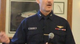 Rear Adm. Thomas Ostebo addresses the Juneau Chamber of Commerce in 2011. He’ll soon head up the cruise industry’s trade group. (KTOO file photo)