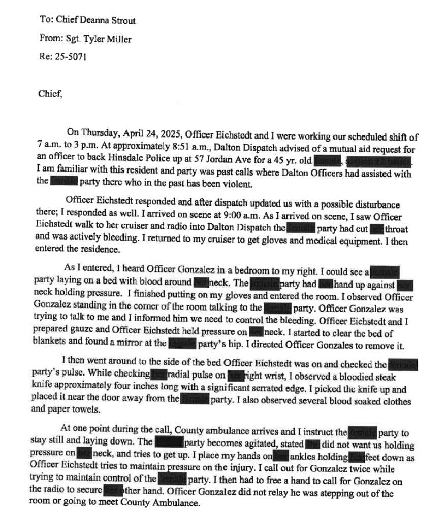 Dalton Police Officer Tyler Miller's account of an April 2025 mutual aid response in Hinsdale, part one.