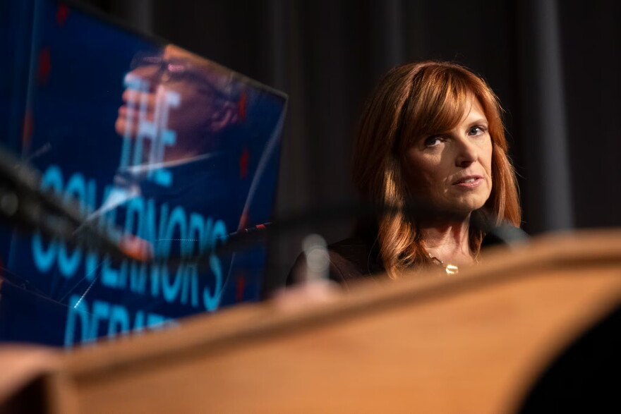 Sen. Christine Drazan responds to questions during the gubernatorial debate in Eugene, Ore., at the University of Oregon on Oct. 1, 2026.