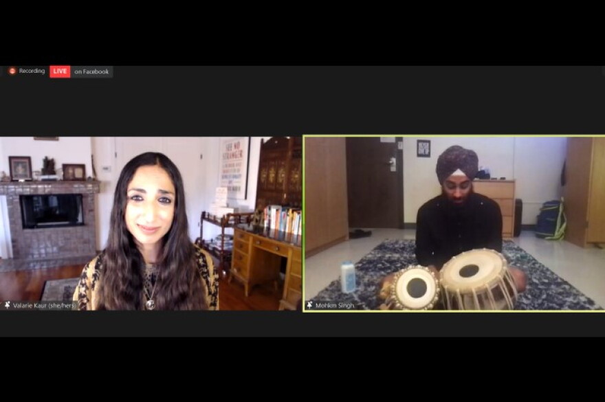 On the left, Revolutionary Love Project Founder Valarie Kaur. On the right, Indiana University undergraduate student Mokhm Singh plays the tabla for a virtual audience at Thursday's online vigil.