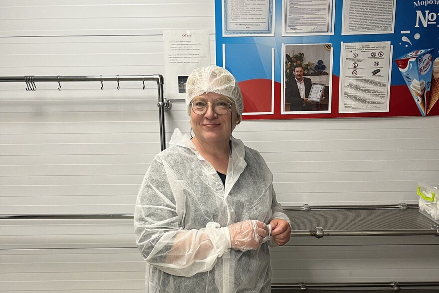 Elizabeth Cullen Dunn touring the Rud ice cream factory. Rud is Ukraine's largest exporter of ice cream, sending frozen treats as far away as Egypt, Iraq and China.