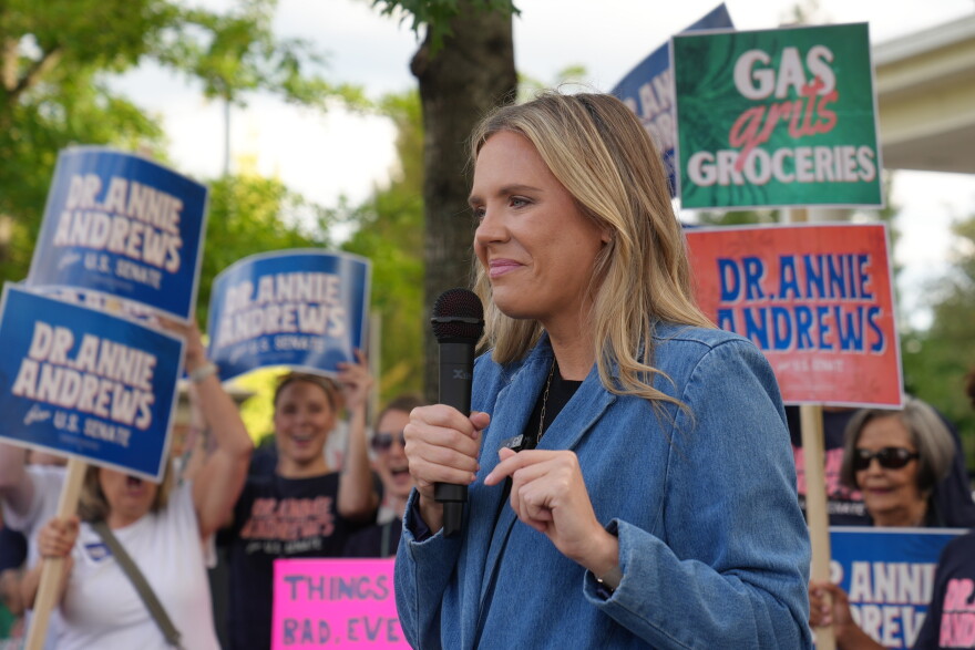 Dr. Annie Andrews, Democratic nominee for Senate in South Carolina, speaks with supporters before a debate with Sen. Darline Graham, R-S.C., Sunday, Oct. 11, 2026, in Columbia, S.C. (AP Photo/Meg Kinnard)