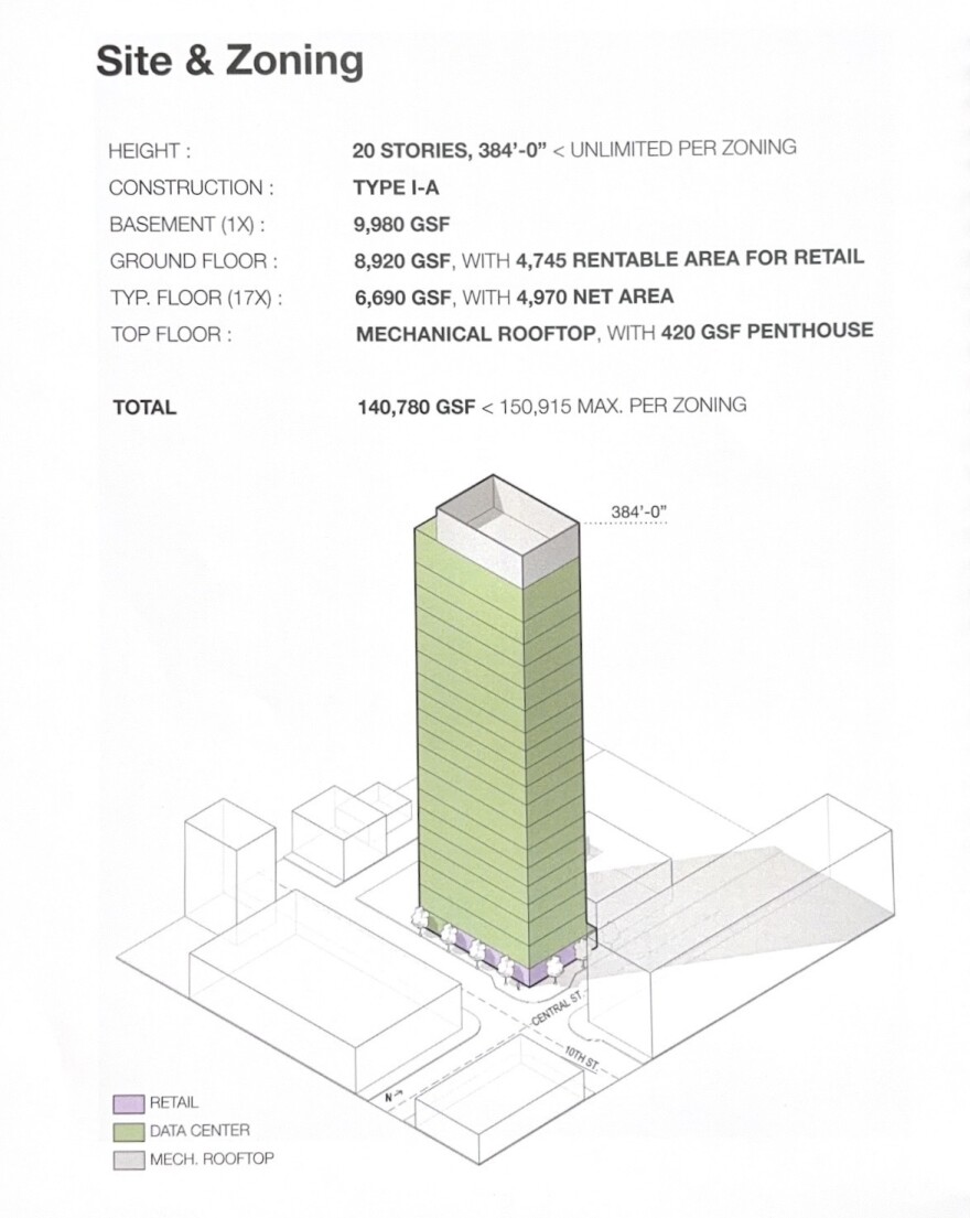 The site and zoning blueprint of the proposed 20-story data center shows the estimated size of the development.