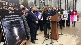 A press conference at a March 25 Remembrance Day event in observance of a one-year anniversary to Gov. Andrew Cuomo's controversial nursing home order.