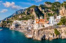 Aerial view of Atrani famous coastal village located on Amalfi Coast, Italy. Small town Atrani on Amalfi Coast in province of Salerno, Campania region, Italy. Atrani town on Amalfi coast, Italy.