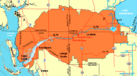 Map showing the location of the C-43 reservoir, Lehigh Acres and the proposed MAR wells are located along the western boundary of the reservoir south of SR-80.