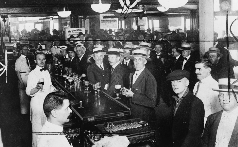 Interior of a crowded bar moments before midnight, June 30, 1919, when wartime prohibition went into effect New York City.