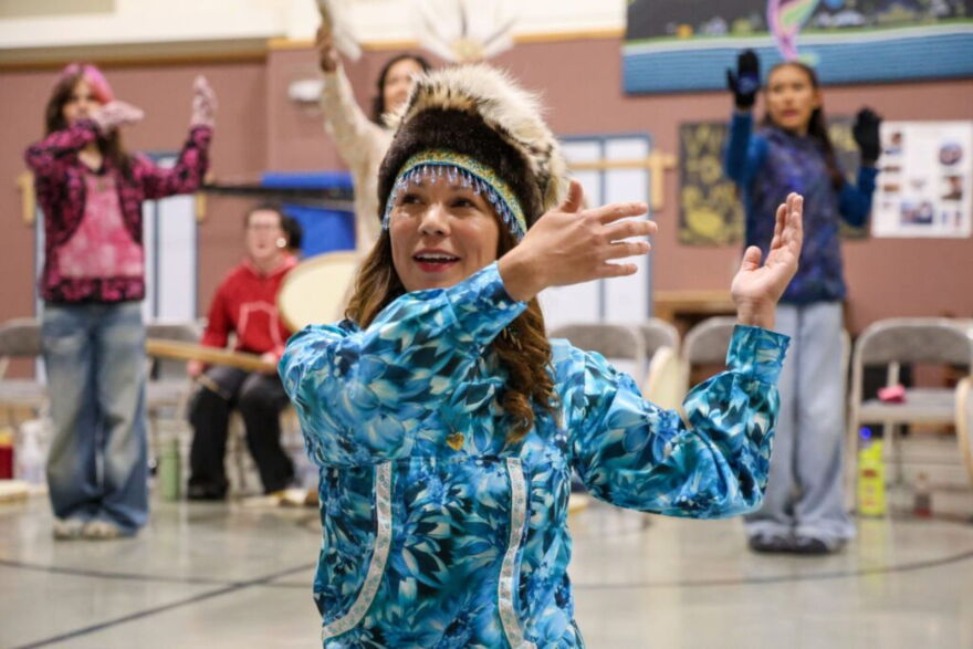 Amber Cunningham, co-founder of Uŋalaqłiq Iñuutchak, dances during the 25th Annual Kingikmiut Dance Festival.