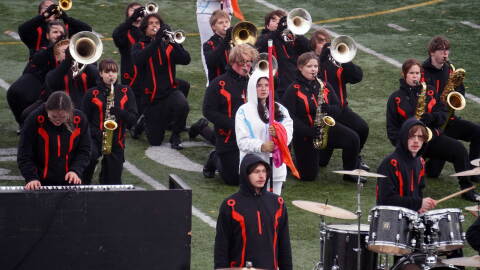 The Kenai Central High School Marching Band performs during the Kenai Marching Showcase at Ed Hollier Field in Kenai, Alaska, on Saturday, Oct. 3, 2026.