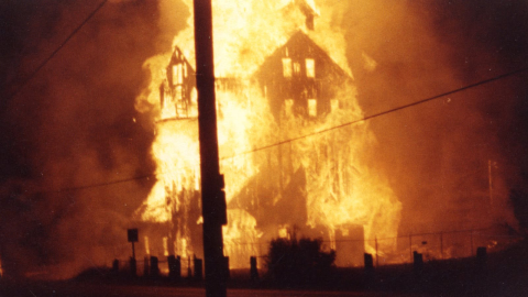 Silver King Coalition Mine Building on fire on July 20, 1981. Photo taken by Burnis Watts, who lived across the street from the Park Avenue building.