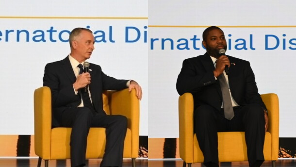 Florida gubernatorial candidates, Democrat David Jolly (left) and Republican U.S. Rep. Byron Donalds speak during WLRN'S Sunshine Economic Summit on Sept. 23 in Fort Lauderdale.