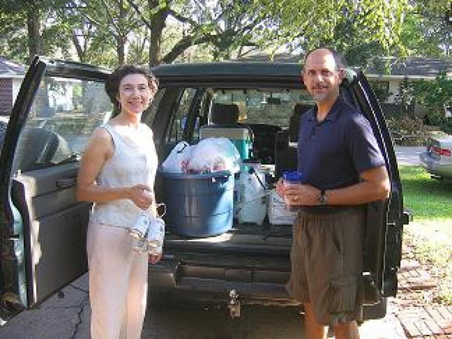 Jan and Dave Spizale with lots of cleaning supplies and headed for New Orleans to their son's apartment.