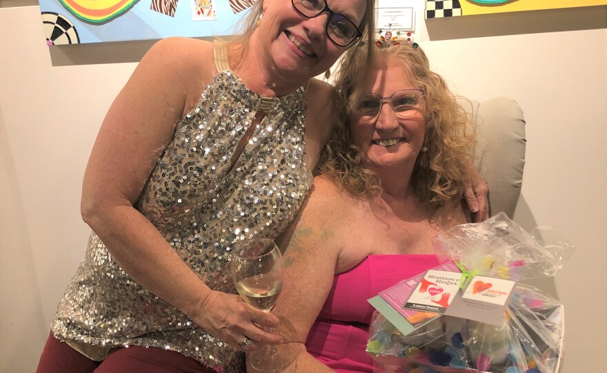 Susan and Bri at a party to celebrate Bri’s gender-affirming surgery. (Thanks to DWG sponsor Kindra for Bri’s basket of products.)