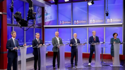 Candidates in California's gubernatorial race look on during a debate Wednesday, April 22, 2026, in San Francisco.