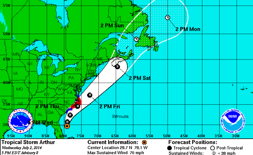 The five-day forecast track for Arthur.