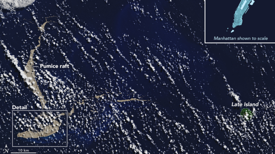 NASA's Terra satellite captured the mass of floating pumice rock on Aug. 13.