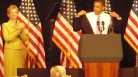 At his third event in one day in Kansas City, President Obama said he was hot and took off his jacket. He came to support the Democratic candidate for Senate in Missouri, Robin Carnahan (left). Photo by Sylvia Maria Gross / KCUR.