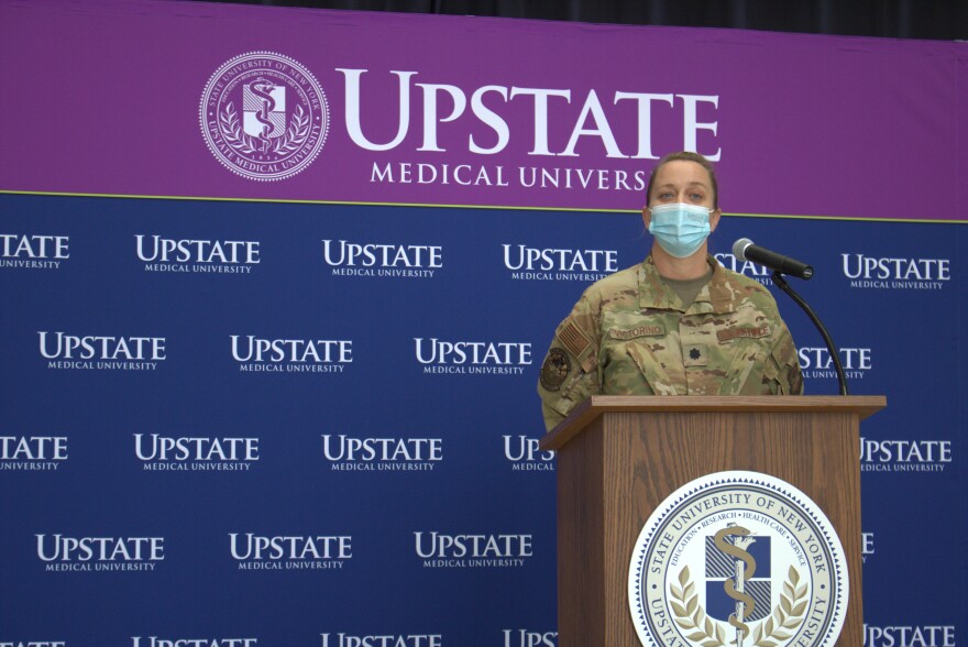 LTC Venus Victorino is giving the speech at Upstate University Hospital. She said the Air Force Reserve Military medical personnel feel very welcome and are ready to serve.