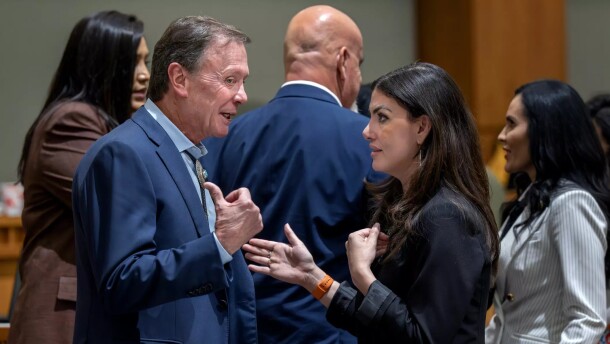 Rep. Mark Murphy, R-Roswell, left, talks with House Majority Whip Dayan Hochman-Vigil, D-Albuquerque, on the House floor in this October 2025 file photo. Murphy abruptly withdrew from his reelection campaign this week.