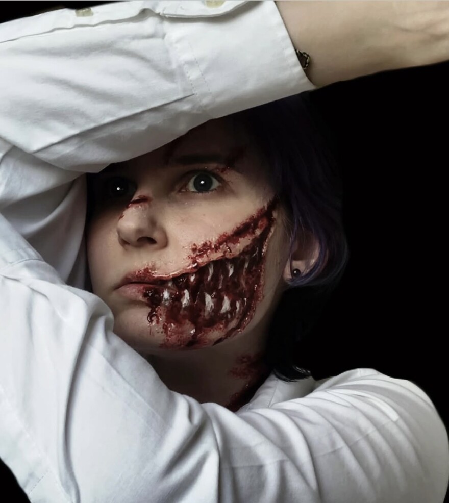 Makeup artist Emma Cook wearing one of her designs