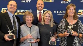 Photo of four living members inducted into the WLWT-TV Hall of Fame with Channel 5 President Branden Frantz.