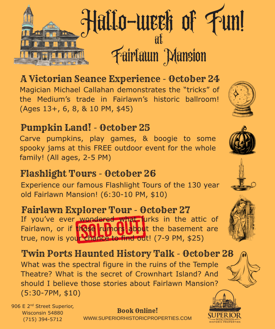Yellow-orange poster for "Hallo-week of Fun" at Fairlawn Mansion; details and text with dates, small black and white images corresponding to events