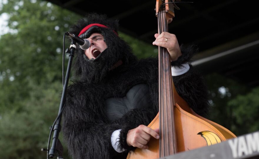 Performers like Good Gorilla Gorilla Beringei, shown here, braved the summer heat in their furry suits. (Photo by Steve Johnson/WUFT News)
