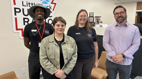 (From left) LRPR Membership Coordinator Blake Givens, Contributing Editor Maggie Ryan, All Things Considered Host Christian Leus and General Manager Jonathan Seaborn.