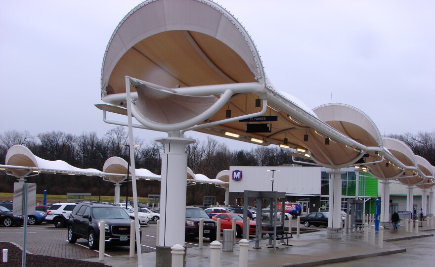 Photo of bus bays at new North County Transit Center in Ferguson.