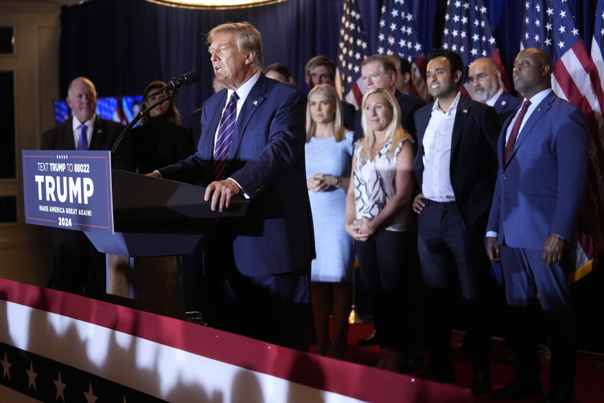 Republican presidential candidate former President Donald Trump speaks at a primary election night party in Nashua, N.H., Tuesday.