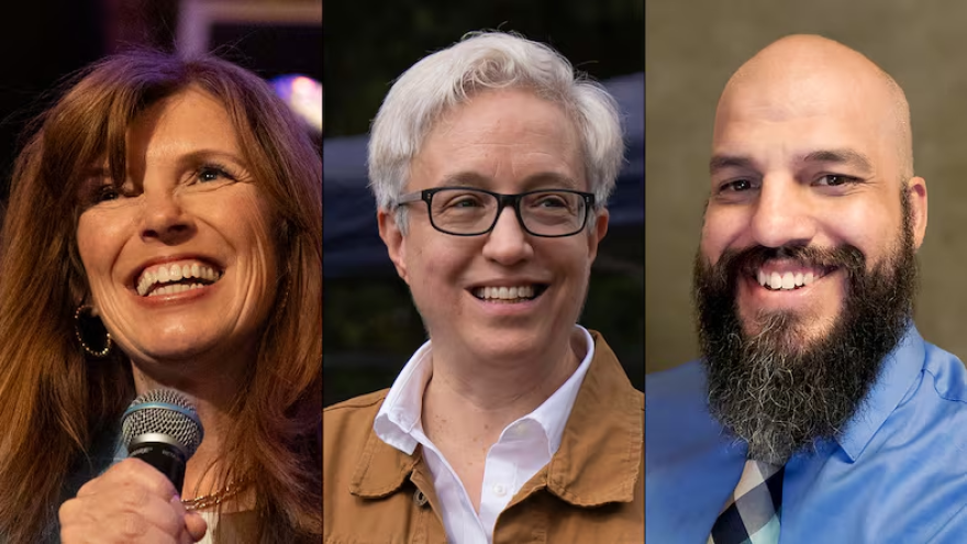 Left: Christine Drazan at her election night party in May. Center: Gov. Tina Kotek at a Labor Day event in September. Right: Provided photo of Brett Smith.