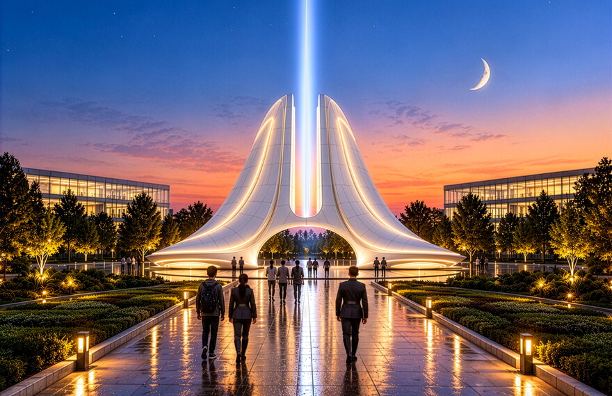 A rendering shows a large triangular tower with a bright beam of light coming out of the middle of it.
