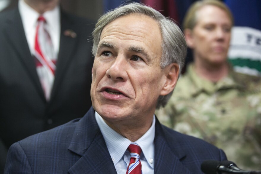 A close-up of Gov. Greg Abbott speaking during a press conference in 2020.