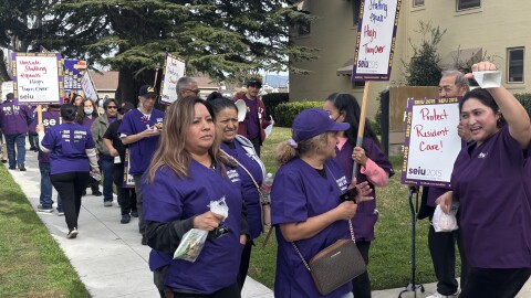 Outside Katherine Healthcare on Monday, Feb. about 50 workers rallied for their employer to finalize it. Service Employees International Union Local 2015, which represents them, says Katharine Healthcare is among some employers that are stalling the statewide contract.