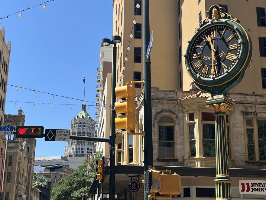 The historic 1878 Hertzberg clock at the corner of N. St Mary's and Houston St. in San Antonio. Previously on Commerce St. the clock was relocated due to expansion and construction.