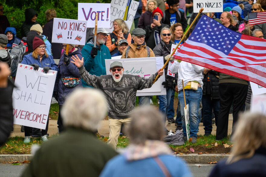 NoKings protestors demonstrate outside the Connecticut State Capitol in Hartford, Connecticut on October, 17, 2026.