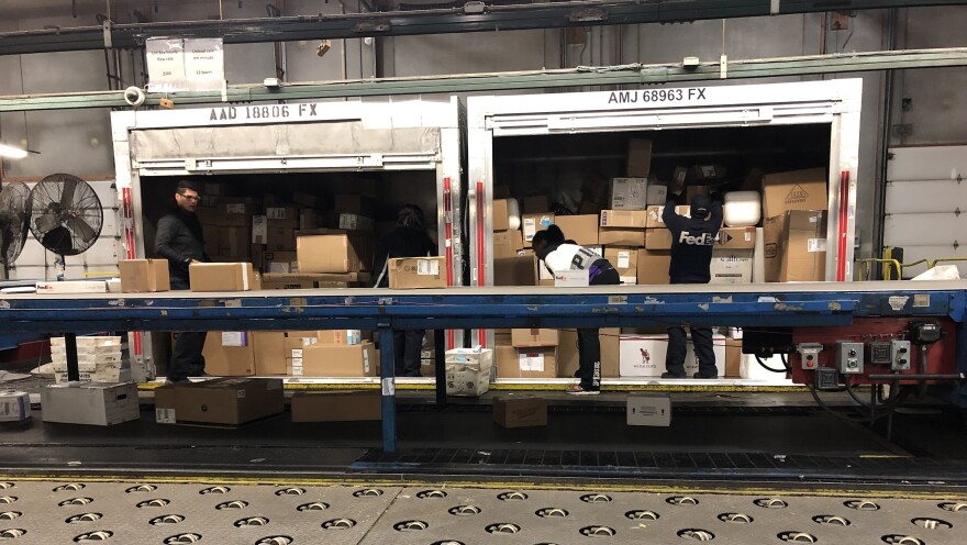 Loading trucks at the FedEx Express distribution center on Goose Island.