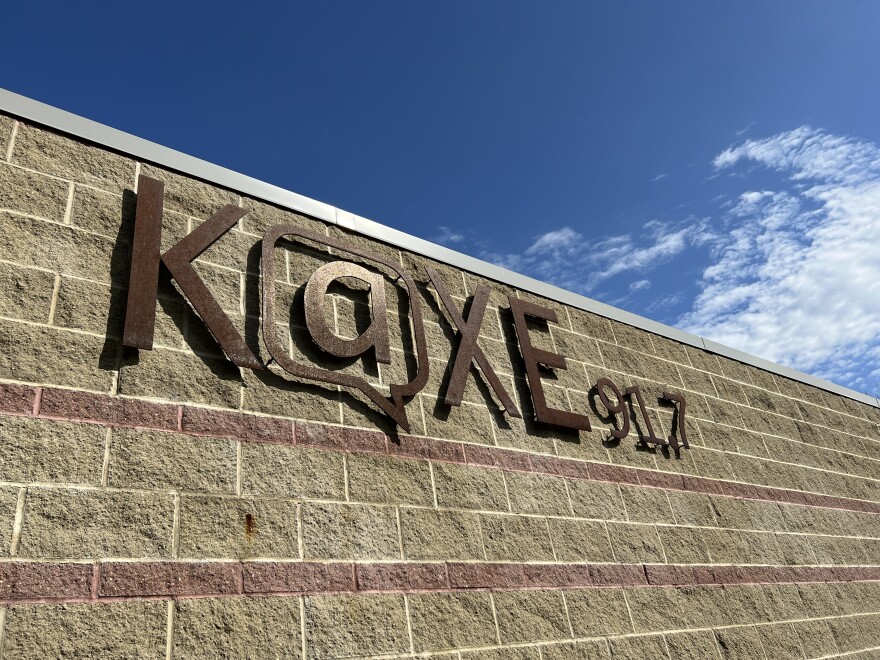 The sign on the outside of the KAXE building says KAXE 91.7